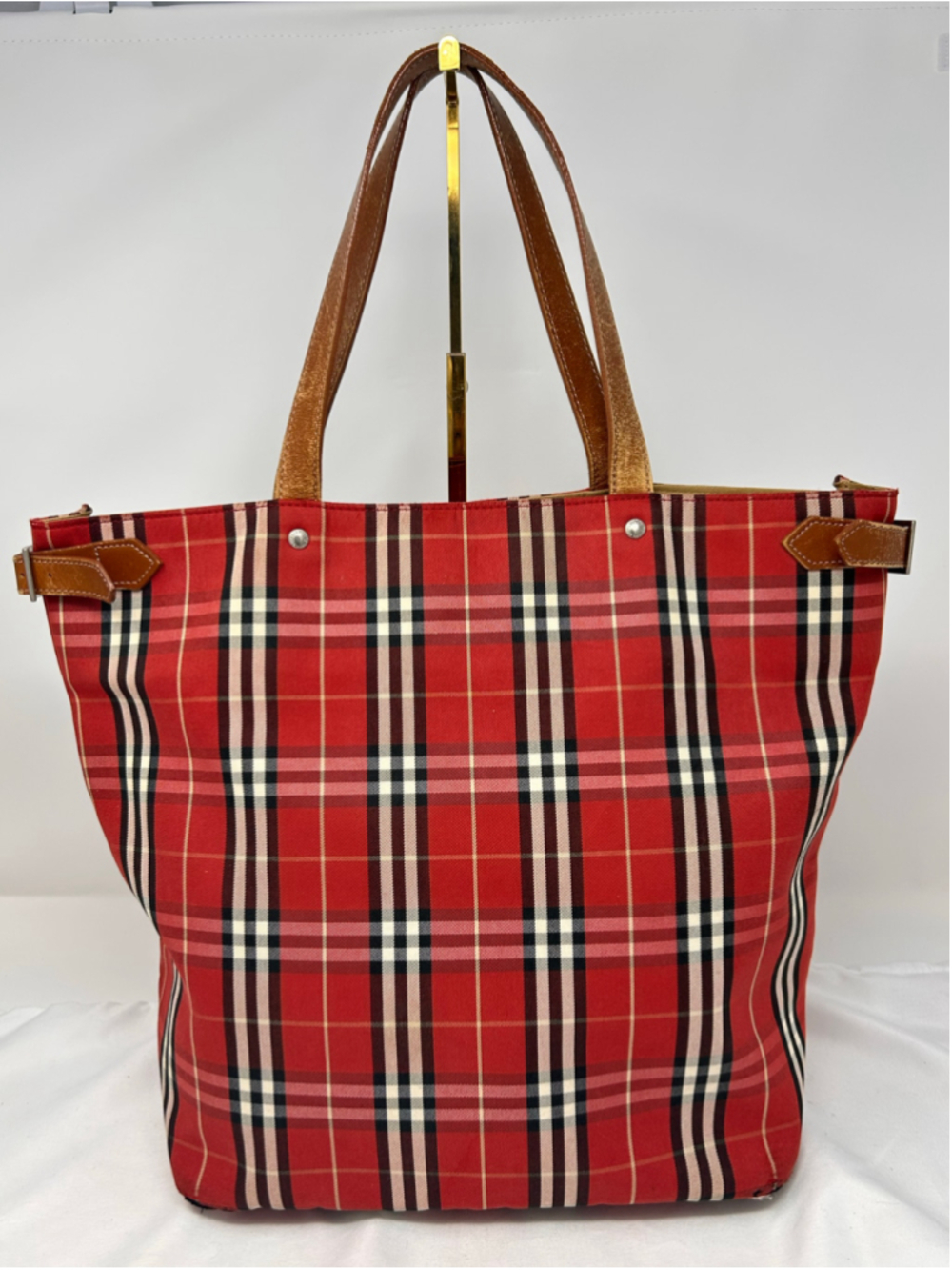 Burberry Blue Label Red Nova Check Tote Bag Leather Trim Shoulder Bag